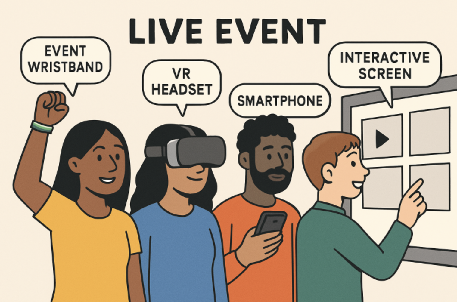 Cartoon Depiction of People Interacting with Technology at a Live Event